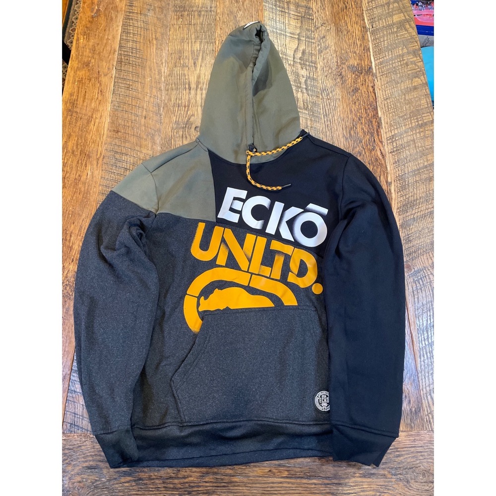 ECKO UNLTD Mens Small‎ Colorblock Graphic Hoodie Pullover Black Olive Gray